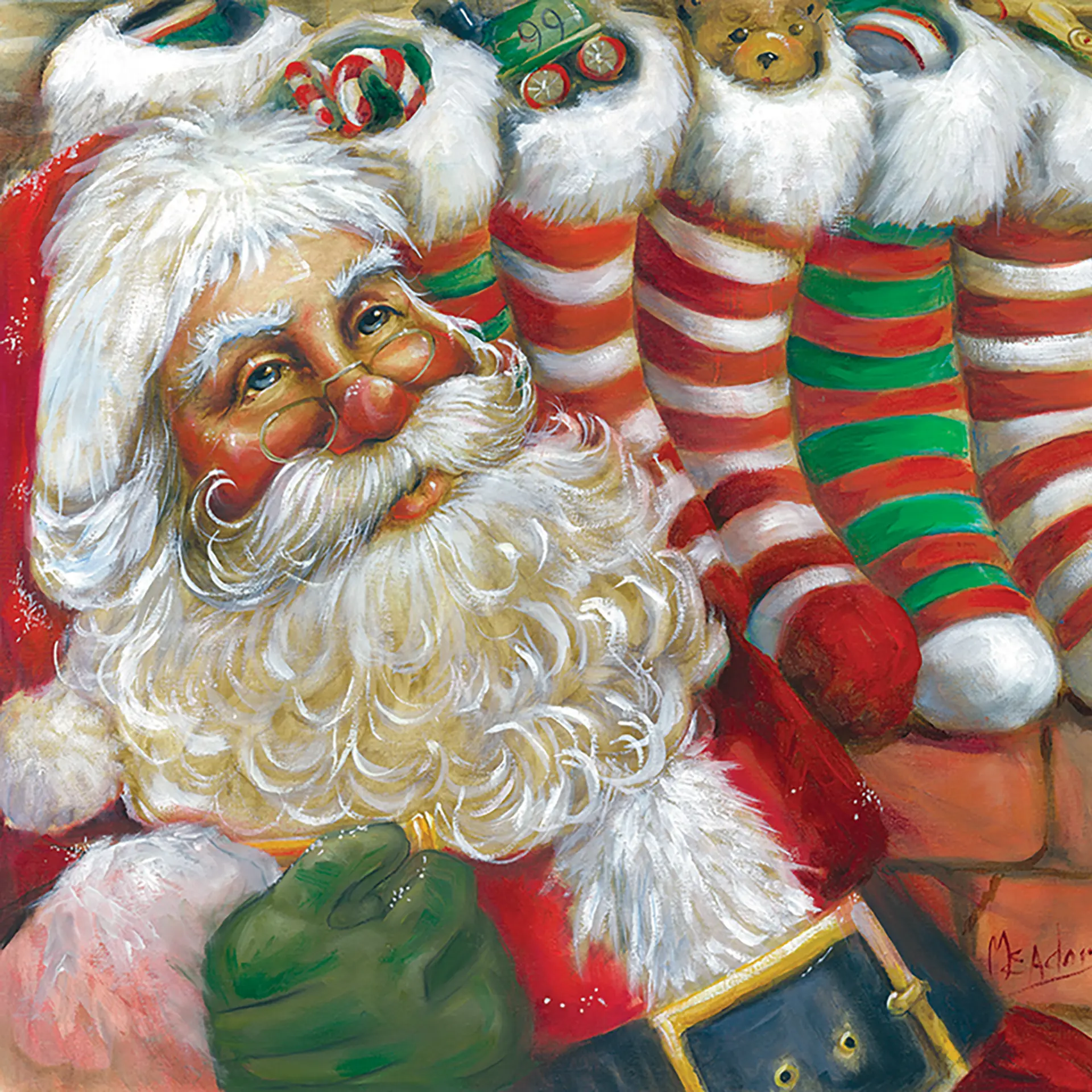 Santa with Stocking — Oil on canvas, 24" × 24"