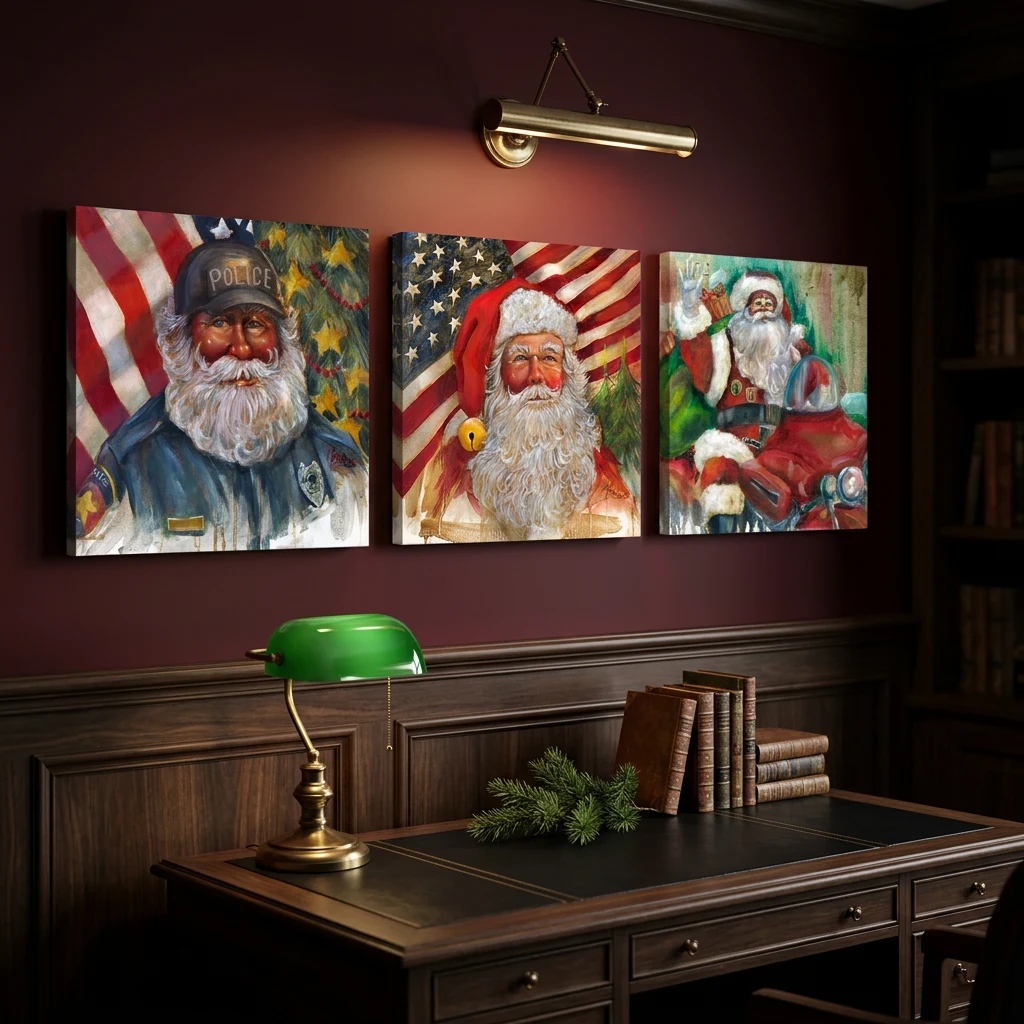 Santas in Service hung as a row of three square canvases in a dark panelled study above a leather-topped desk