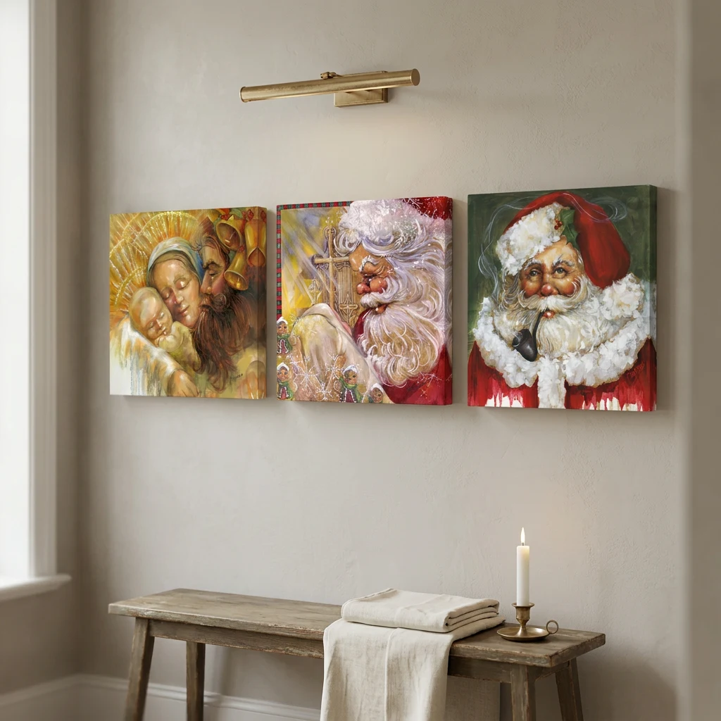 Quiet Faith Trio hung as a row of three square canvases on a soft plaster wall above a wooden bench with a lit candle