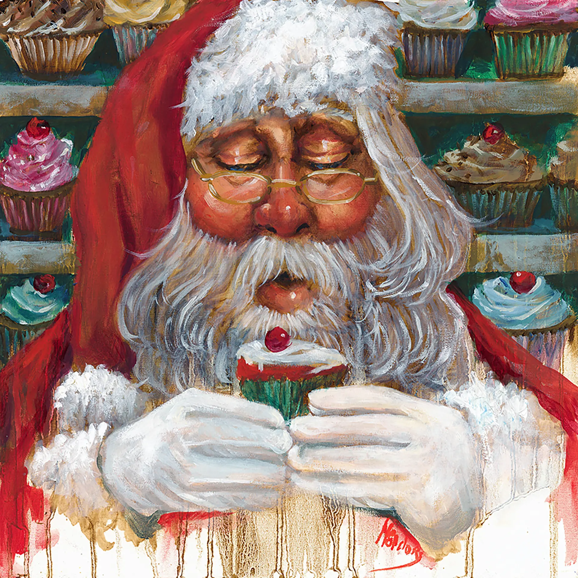 Santa and Cupcake — Oil on canvas, 12" × 12"