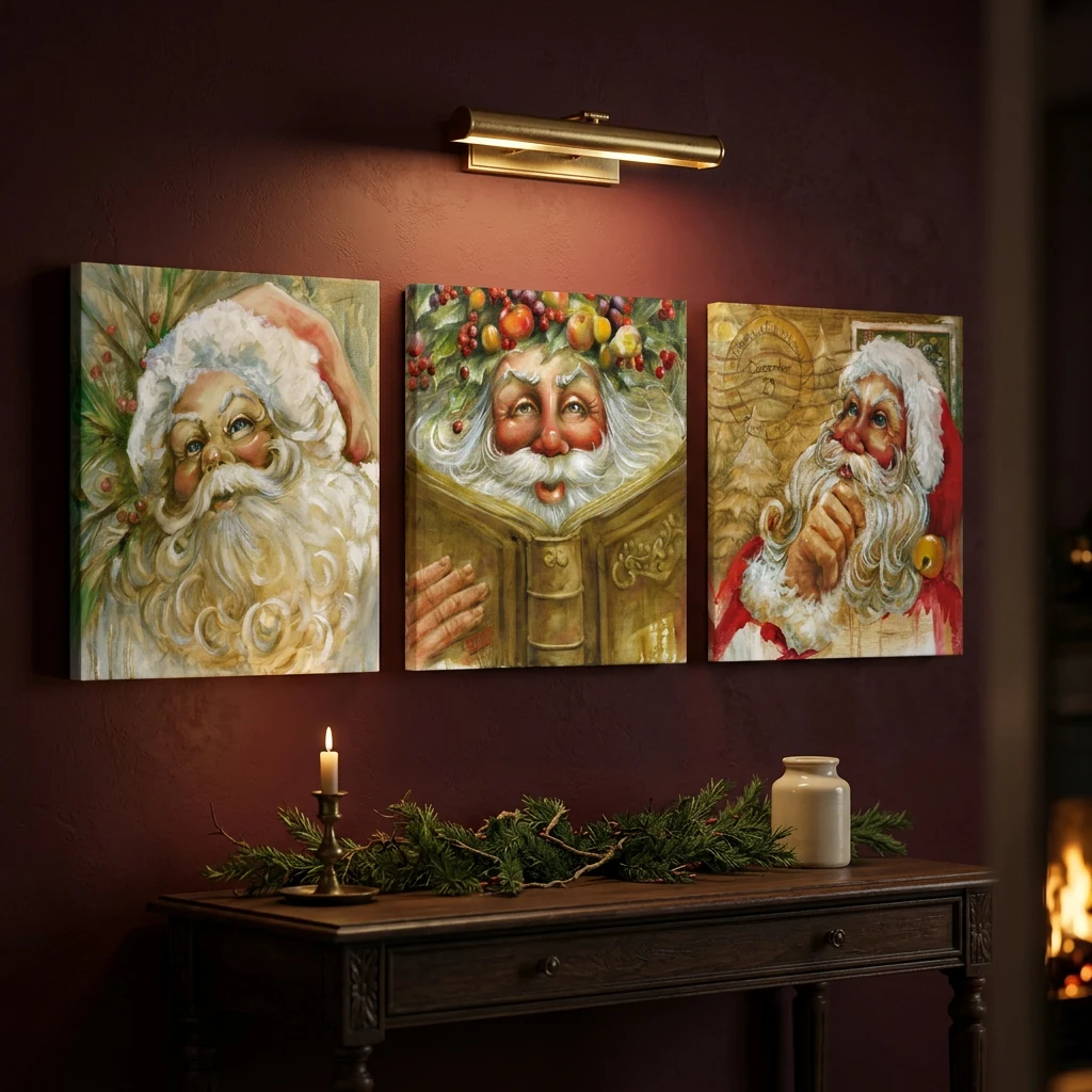 Vintage Santa Trio hung as a row of three square canvases on a deep oxblood wall above an antique console