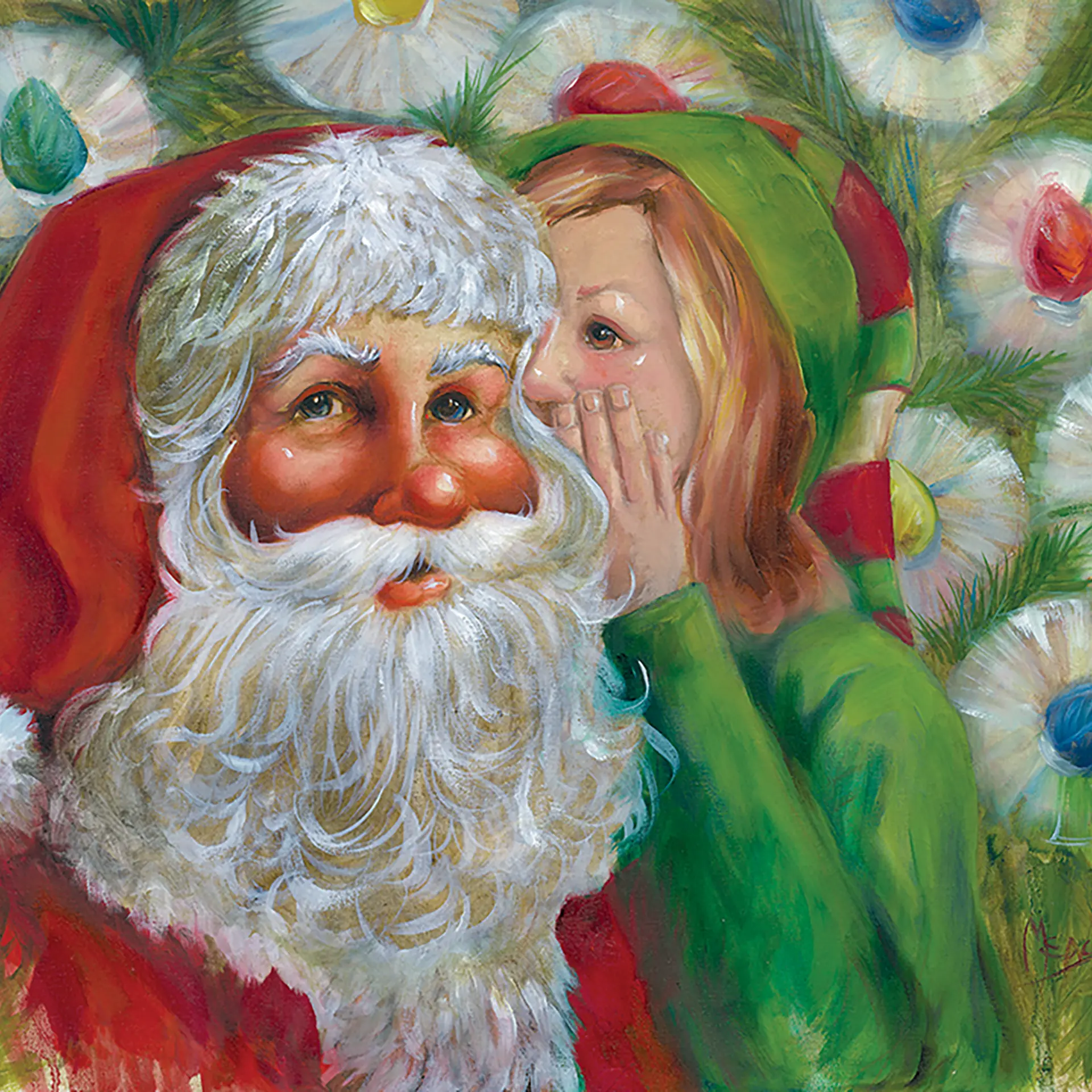 Whispering My Christmas Wish — Girl — Oil on canvas, 12" × 12"