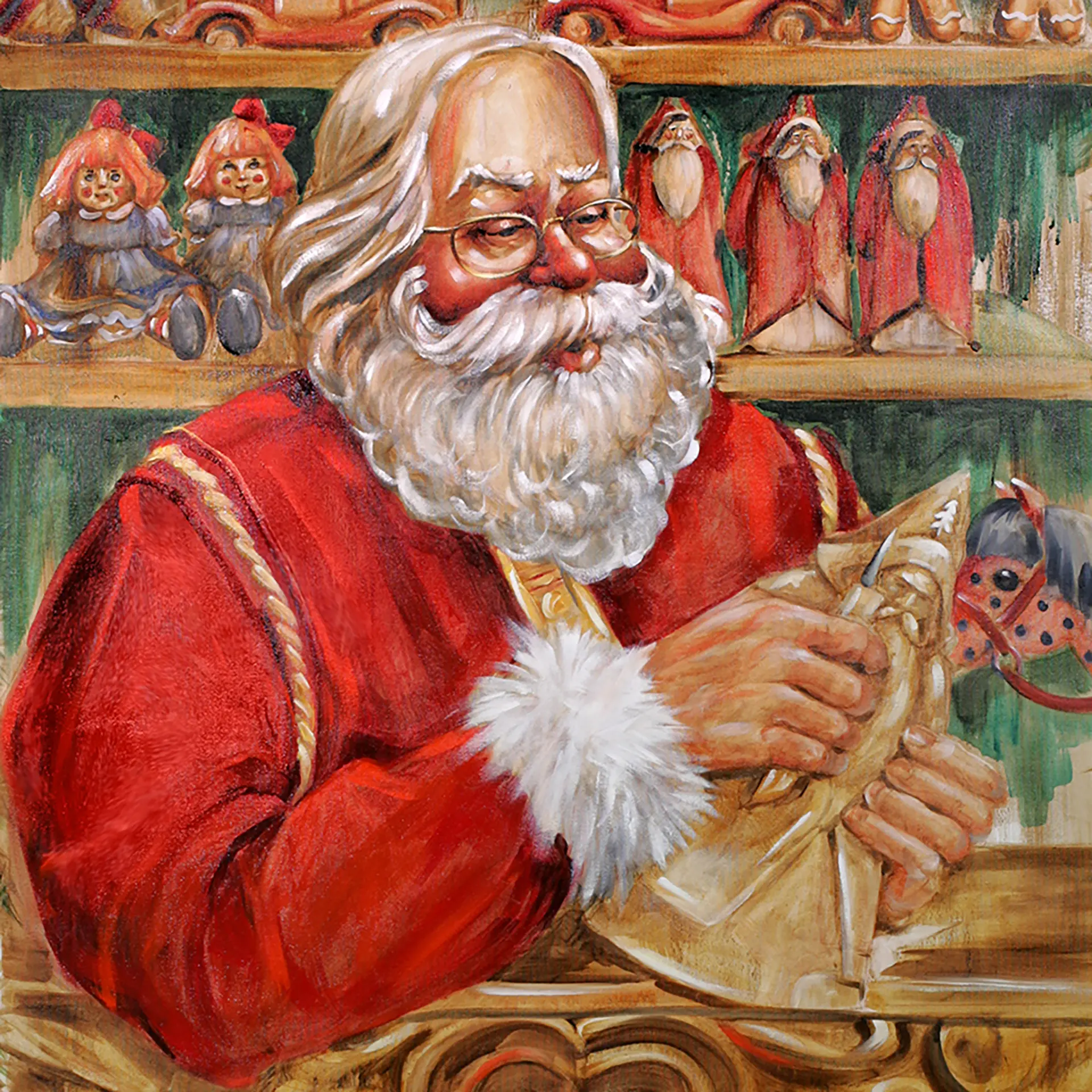 Woodcarving Santa — Oil on canvas, 24" × 24"