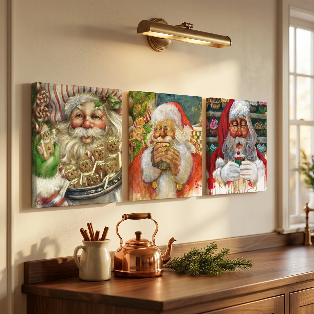 Warm Kitchen Trio hung as a row of three square canvases above a walnut kitchen counter with a copper kettle