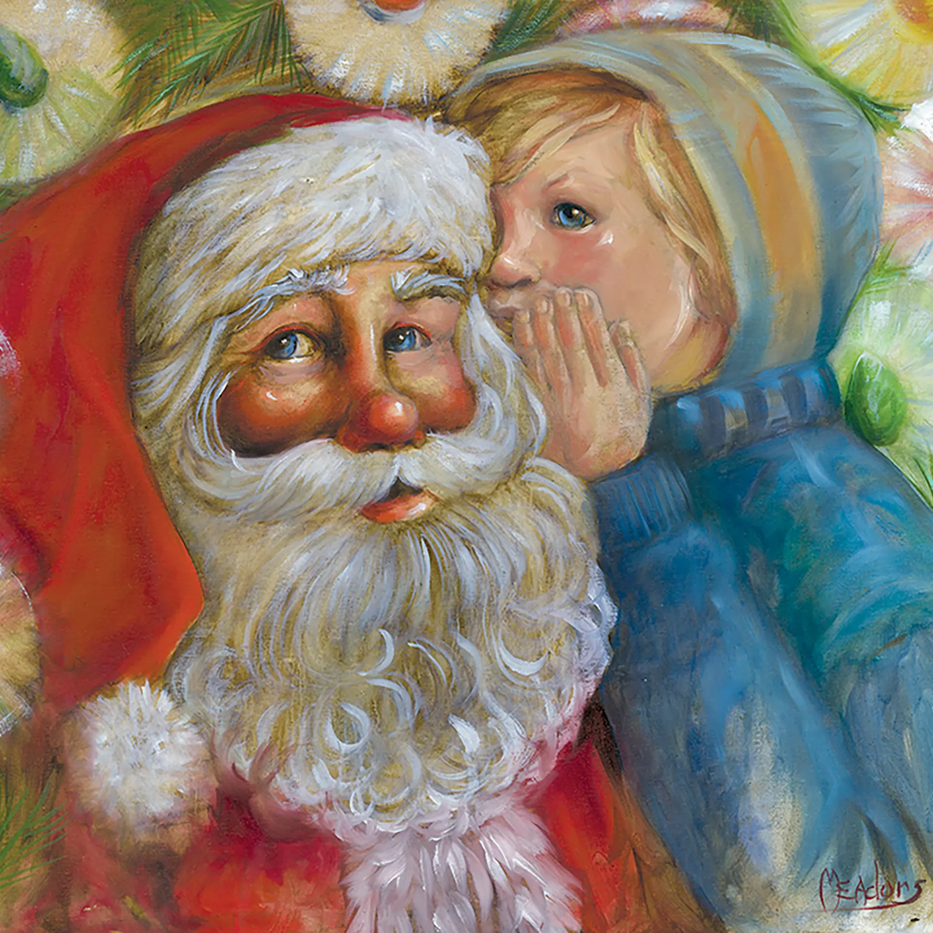 Whispering My Christmas Wish — Boy — Oil on canvas, 12" × 12"