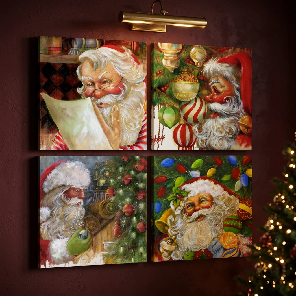 Christmas Morning Quartet hung as a two by two grid of square canvases on a deep oxblood wall beside a lit Christmas tree