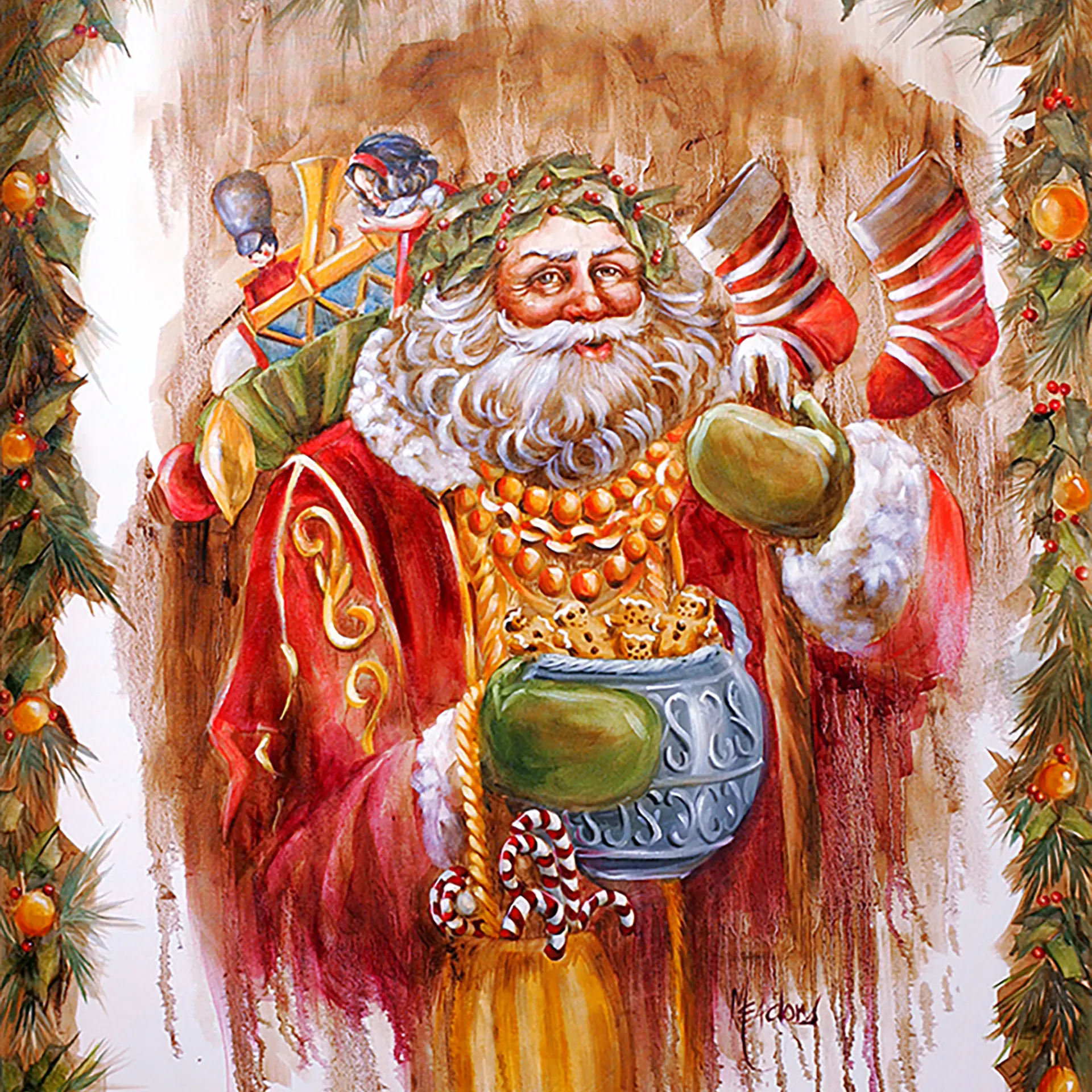 Victorian Santa — Watercolor on paper, 30" × 30"