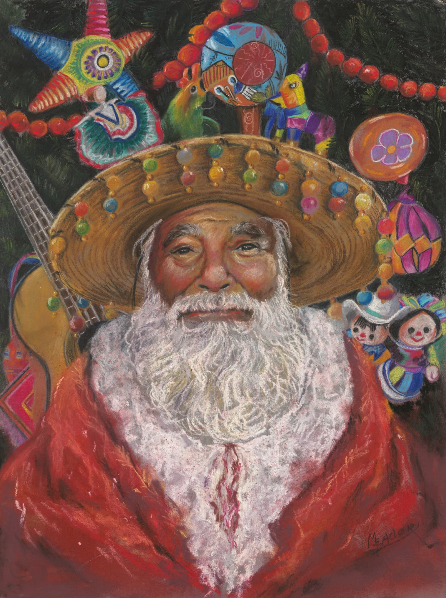 Feliz Navidad, the 2026 Santa of the Year by Celia Meadors: a Santa in a beaded straw hat surrounded by hand-painted Mexican folk ornaments